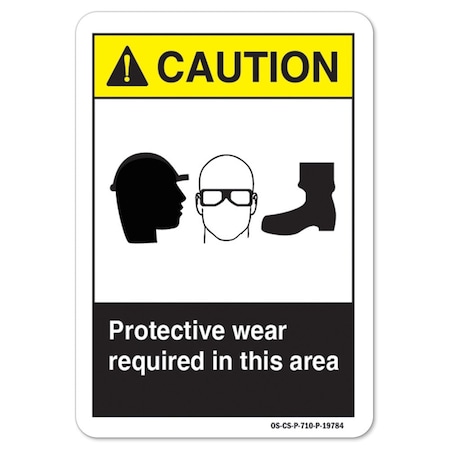 ANSI Caution Sign, Protective Wear Required In This Area, Eye Head Foot, 5in X 3.5in Decal